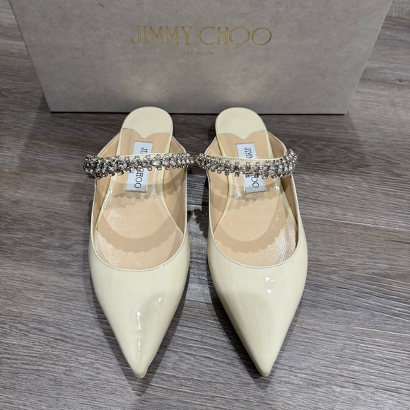 Jimmy Choo Bing Crystal Strap Patent Leather in Linen Mule Flats - Picture 4 of 16